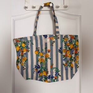 Brand New Sezane Blue and Yellow Floral Striped Canvas Tote